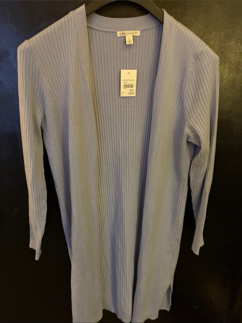 Cato Soft Light Blue Ribbed Open-Front Long Cardigan